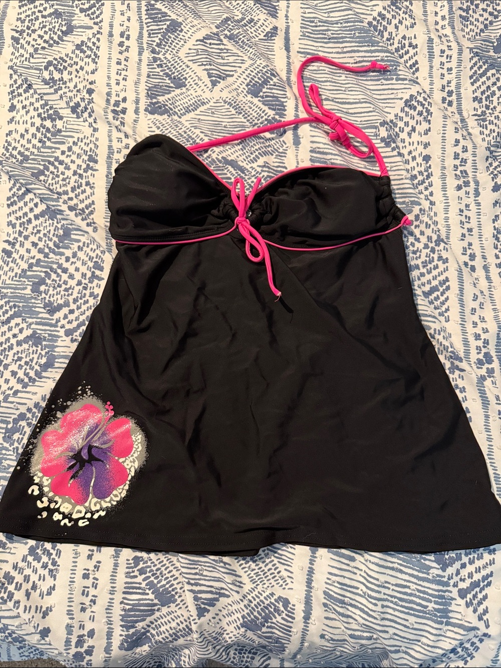 Y2k Vintage!!! Black Tankini Top with Hot Pink Trim and Floral Accent
